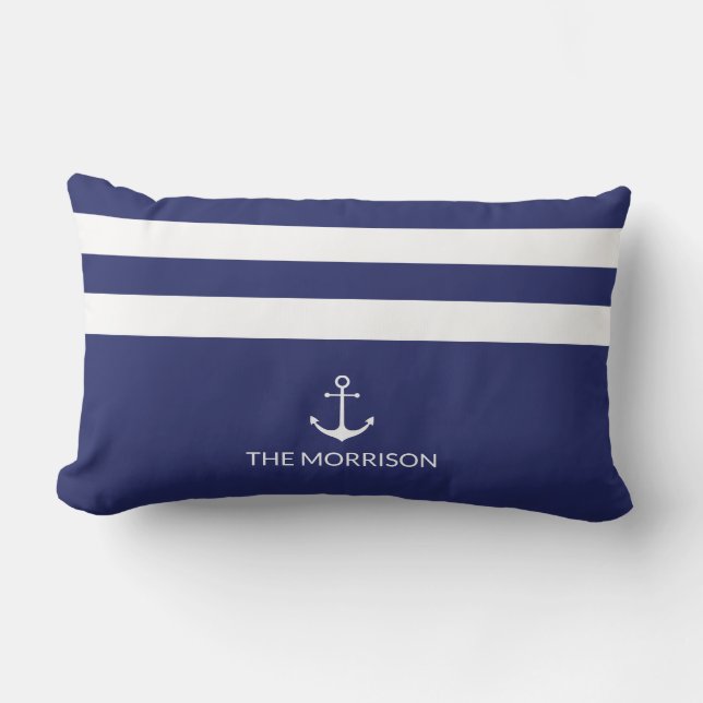 Nautical Stripes Boat Name white anchor navy blue Lumbar Cushion (Front)