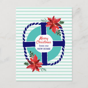 Nautical Stripes Christmas Poinsettias Moving Announcement Postcard