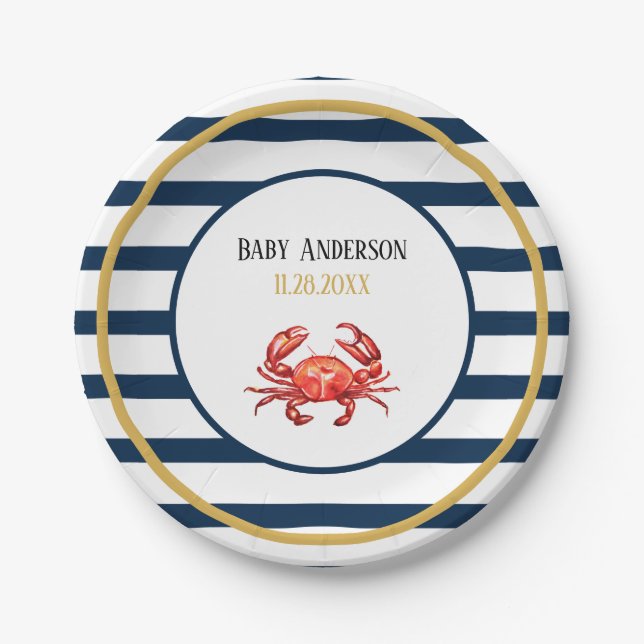 Nautical Stripes Crab Baby Shower Paper Plate (Front)