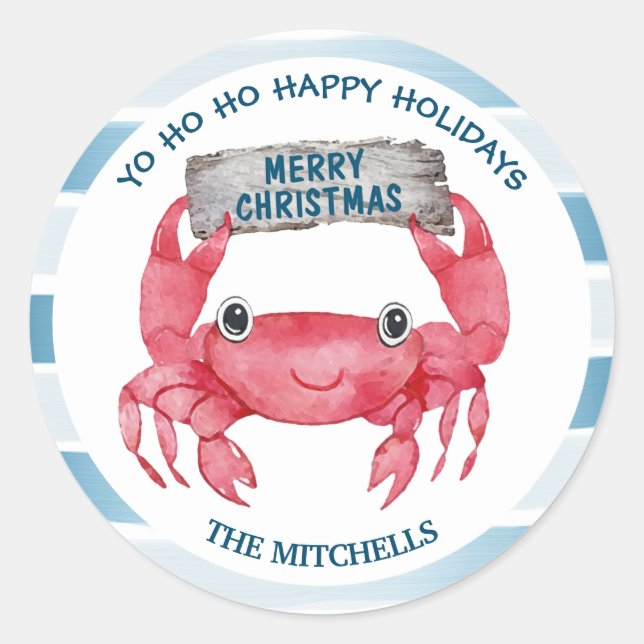 Nautical Stripes Cute Crab Holiday Envelope Seals (Front)