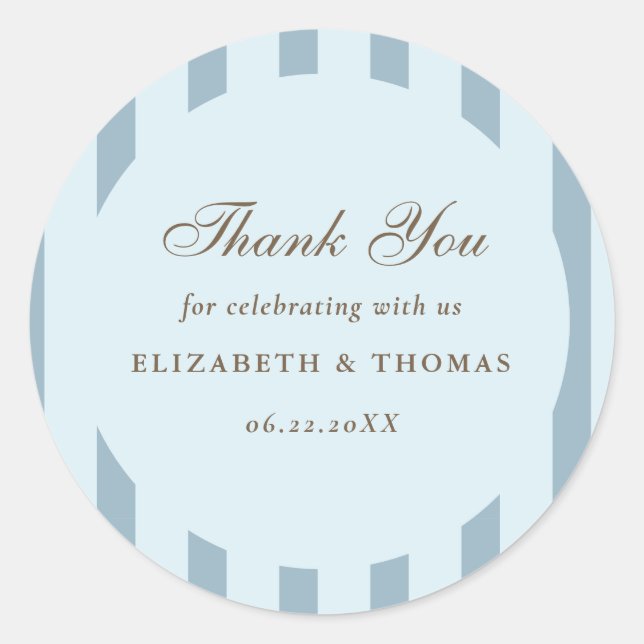 Nautical Stripes Dusty Blue Elegant Wedding Favour Classic Round Sticker (Front)