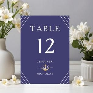 Nautical Stripes Gold Anchor Navy Blue Wedding Table Number