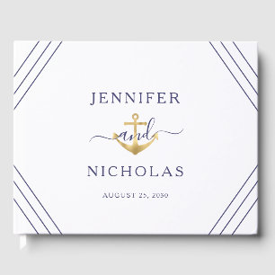 Nautical Stripes Gold Anchor Wedding Guest Book