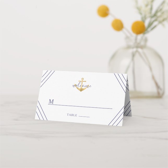 Nautical Stripes Gold Anchor Wedding Place Card (Front)