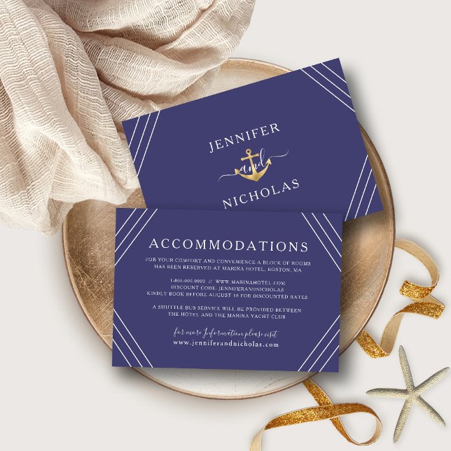 Nautical Stripes Gold Blue Wedding Accommodation Enclosure Card (Front/Back Nautical Stripes Gold Blue Wedding Accommodation Enclosure Card)