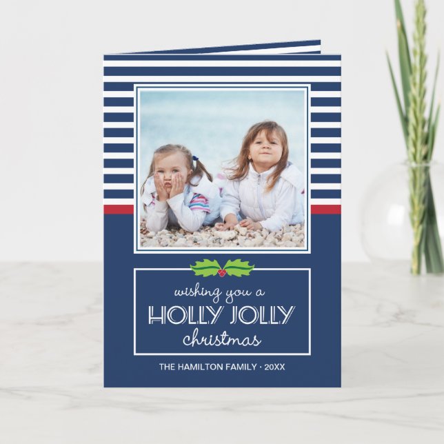 Nautical Stripes Holly Jolly Christmas Folded Card (Front)