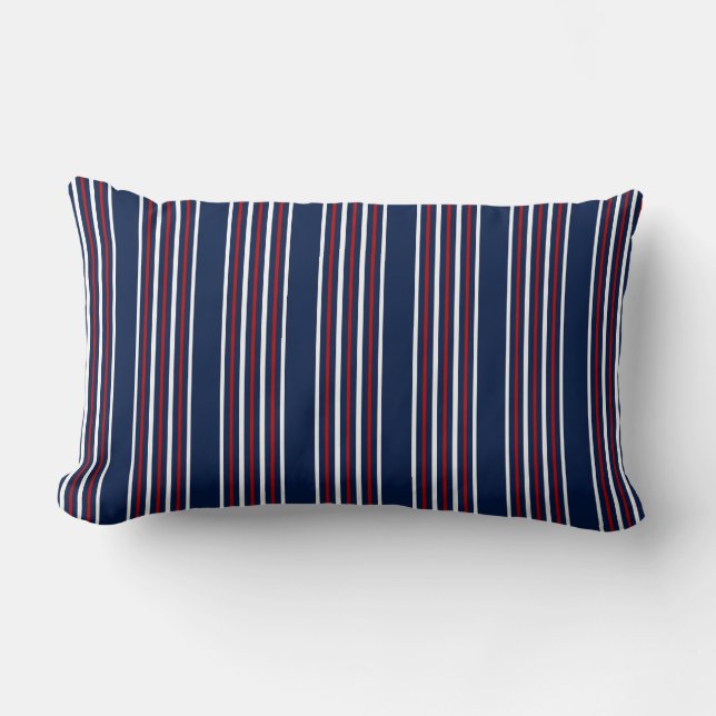 Nautical Stripes in Red, White & Blue – Coastal Lumbar Cushion (Front)