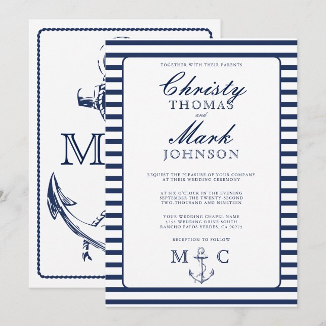 Nautical Stripes Navy Anchor Wedding Invitation (Front/Back)
