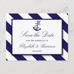 Nautical Stripes & Navy Blue Anchor Save The Date Announcement Postcard
