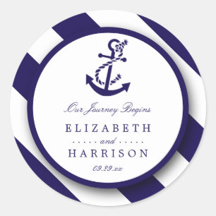Nautical Stripes & Navy Blue Anchor Wedding Classic Round Sticker