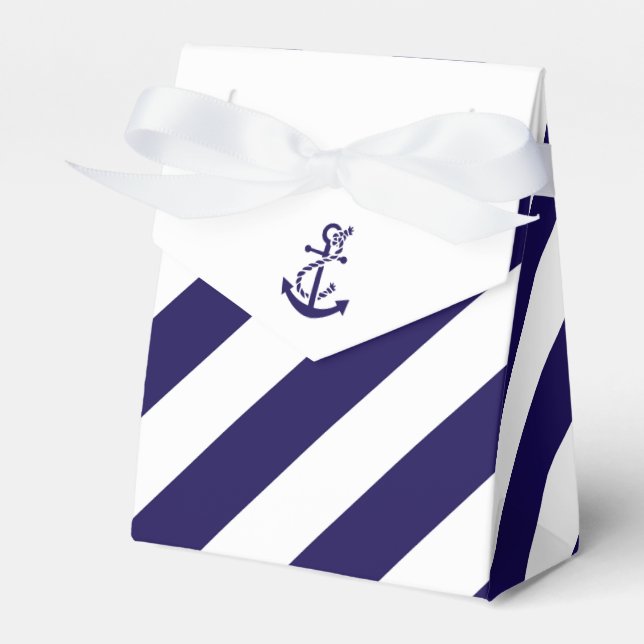 Nautical Stripes & Navy Blue Anchor Wedding Favour Box (Front Side)