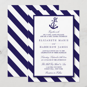 Nautical Stripes & Navy Blue Anchor Wedding Invitation