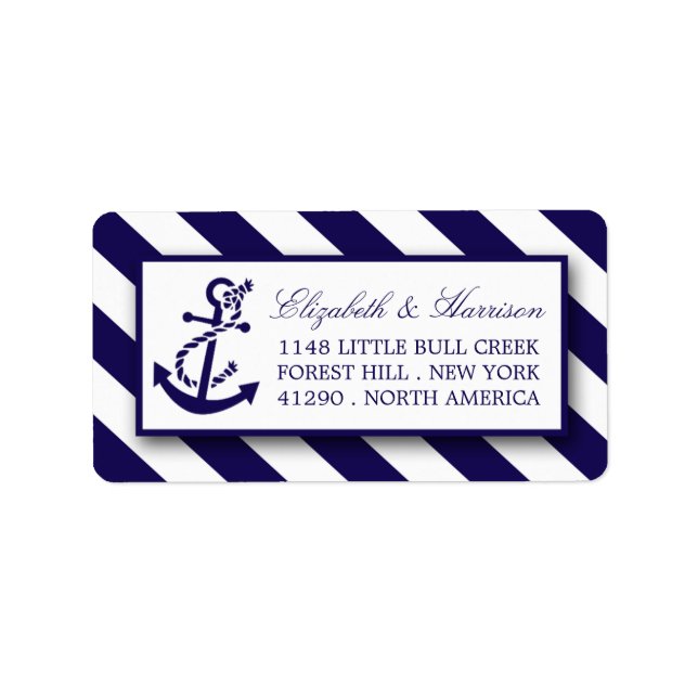 Nautical Stripes & Navy Blue Anchor Wedding Label (Front)