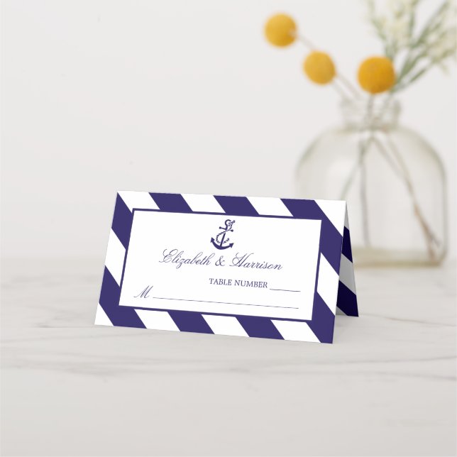 Nautical Stripes & Navy Blue Anchor Wedding Place Card (Front)