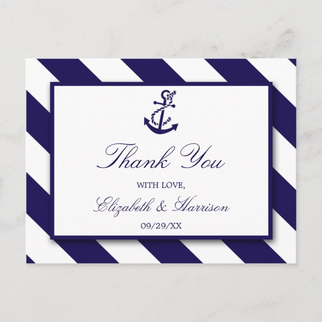 Nautical Stripes & Navy Blue Anchor Wedding Postcard (Front)
