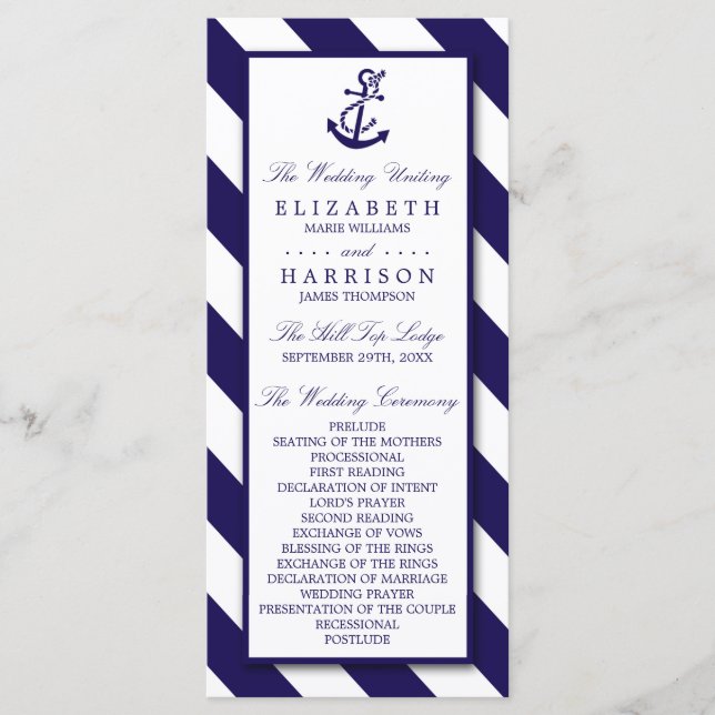 Nautical Stripes & Navy Blue Anchor Wedding Programme (Front)