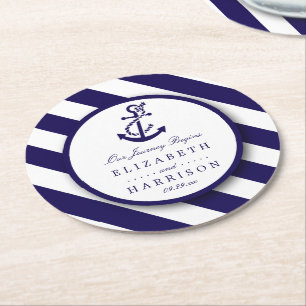 Nautical Stripes & Navy Blue Anchor Wedding Round Paper Coaster