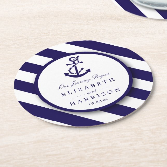Nautical Stripes & Navy Blue Anchor Wedding Round Paper Coaster (Angled)