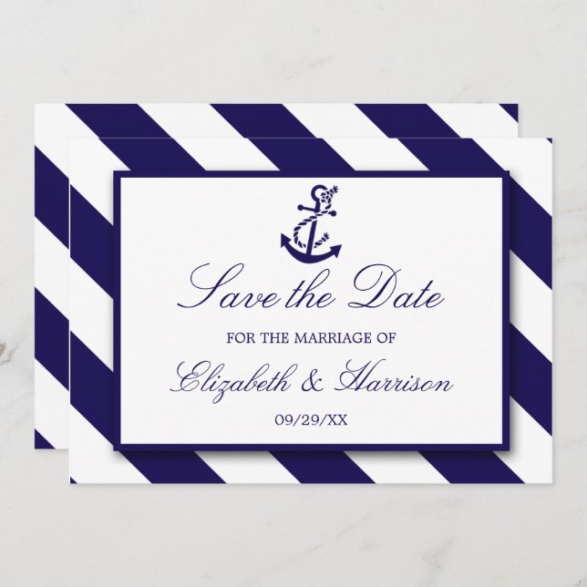 Nautical Stripes & Navy Blue Anchor Wedding Save The Date (Front/Back)