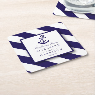 Nautical Stripes & Navy Blue Anchor Wedding Square Paper Coaster