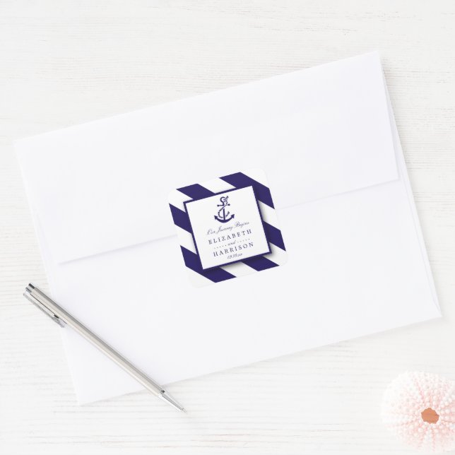 Nautical Stripes & Navy Blue Anchor Wedding Square Sticker (Envelope)
