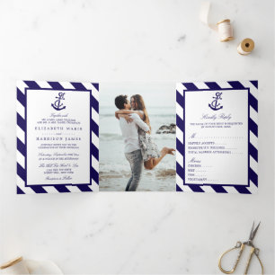 Nautical Stripes & Navy Blue Anchor Wedding Suite Tri-Fold Invitation