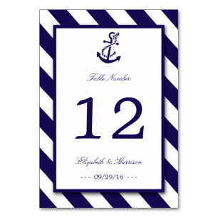 Nautical Stripes & Navy Blue Anchor Wedding Table Number