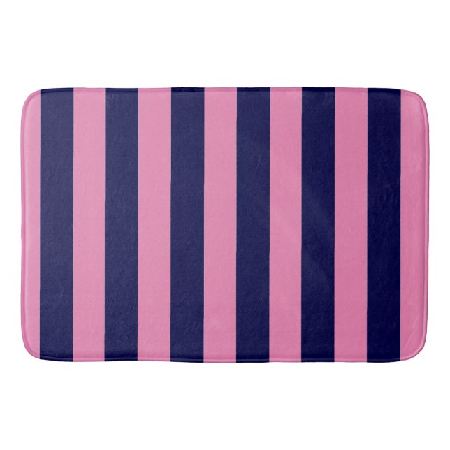 Nautical Stripes Navy Blue and Light Pink Bath Mat (Front)