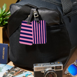 Nautical Stripes Navy Blue and Light Pink Luggage Tag