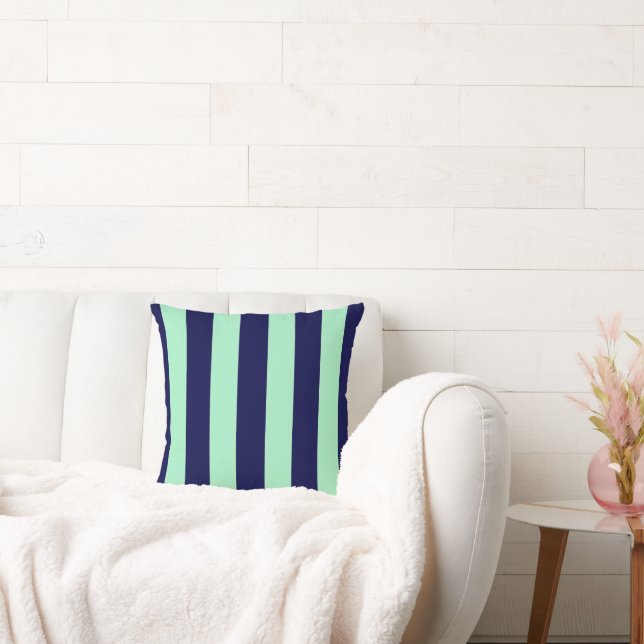 Nautical Stripes Navy Blue and Mint Green Cushion (Couch)