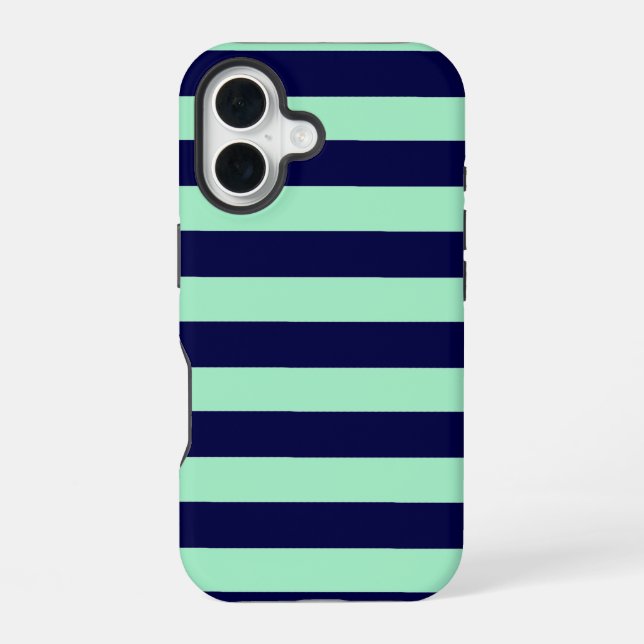 Nautical Stripes Navy Blue and Mint Green iPhone 16 Case (Back)