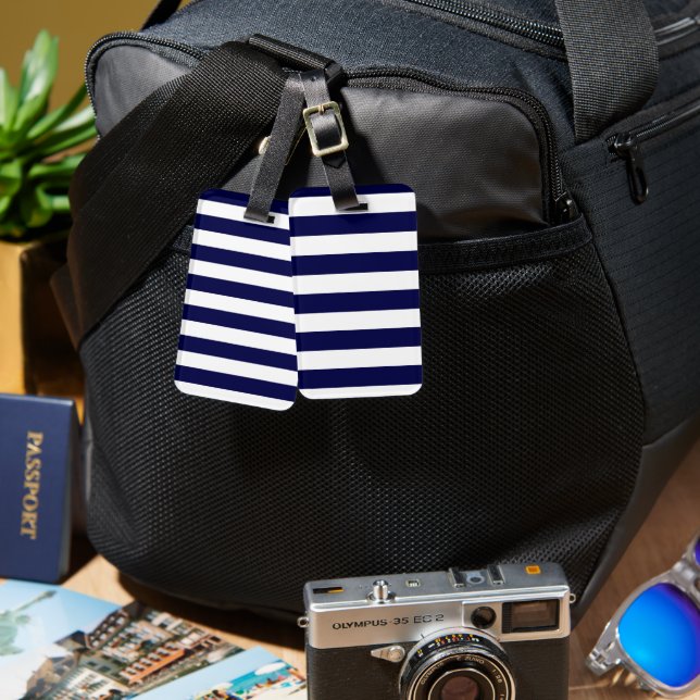 Nautical Stripes Navy Blue and White  Luggage Tag (Front & Back)