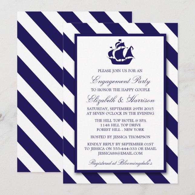 Nautical Stripes & Navy Blue Ship Engagement Invitation (Front/Back)