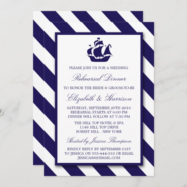 Nautical Stripes Navy Blue Ship Rehearsal Dinner Invitation (Front/Back)