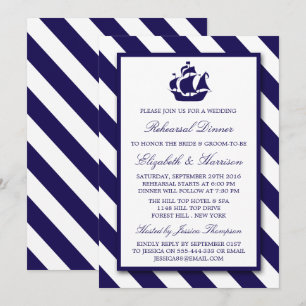 Nautical Stripes Navy Blue Ship Rehearsal Dinner Invitation