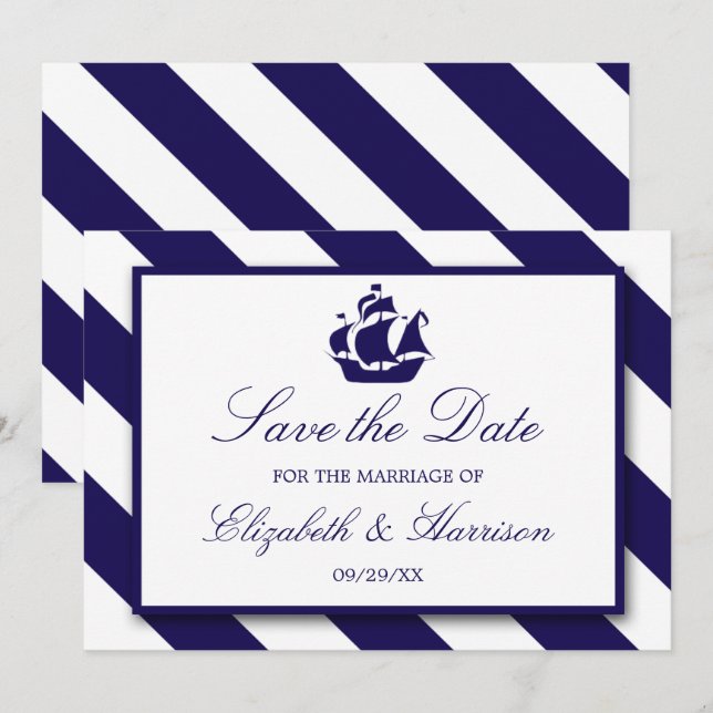Nautical Stripes & Navy Blue Ship Save The Date (Front/Back)