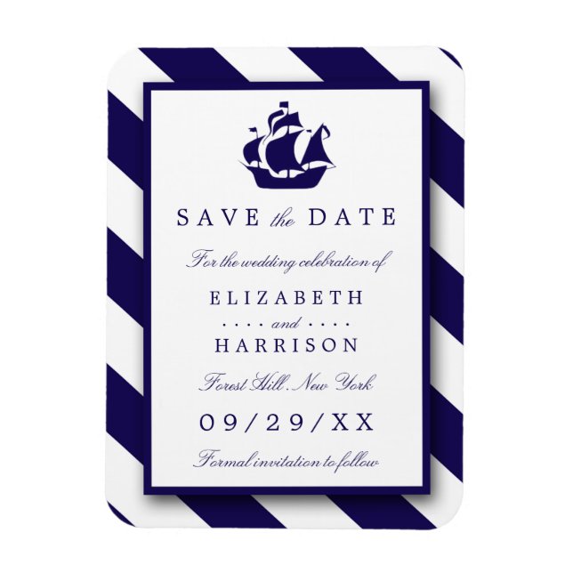 Nautical Stripes & Navy Blue Ship Save The Date Magnet (Vertical)