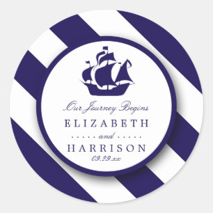Nautical Stripes & Navy Blue Ship Wedding Classic Round Sticker