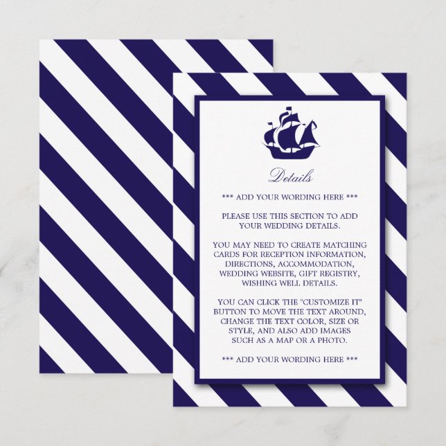 Nautical Stripes & Navy Blue Ship Wedding Detail Enclosure Card (Front/Back)