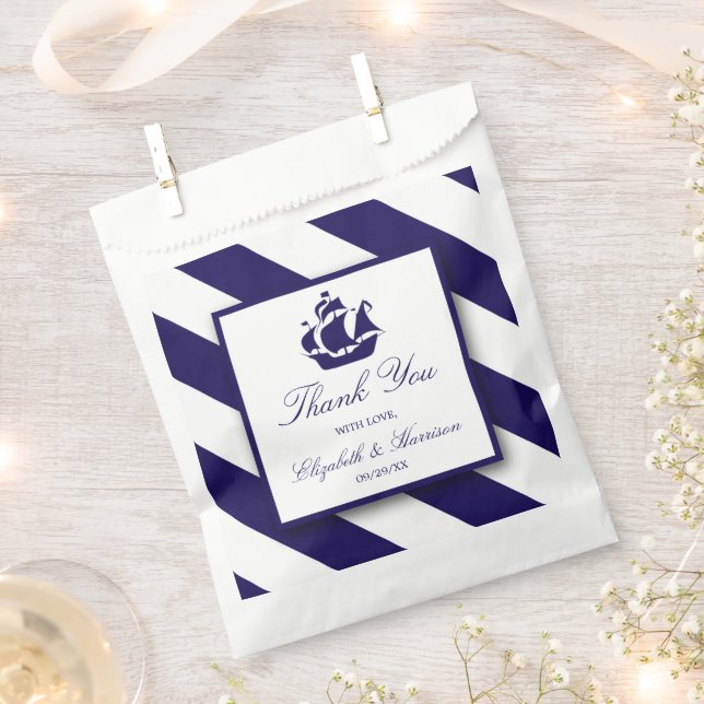 Nautical Stripes & Navy Blue Ship Wedding Favour Bags (Clipped)
