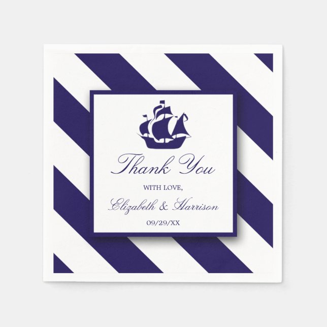 Nautical Stripes & Navy Blue Ship Wedding Napkin (Front)