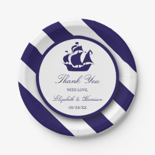 Nautical Stripes & Navy Blue Ship Wedding Paper Plate