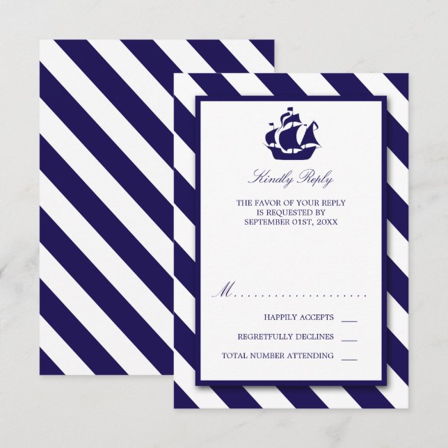 Nautical Stripes & Navy Blue Ship Wedding RSVP Card (Front/Back)
