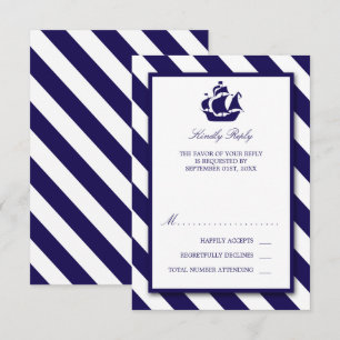 Nautical Stripes & Navy Blue Ship Wedding RSVP Card