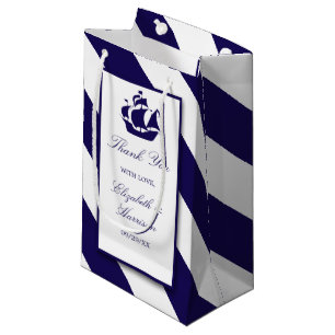 Nautical Stripes & Navy Blue Ship Wedding Small Gift Bag