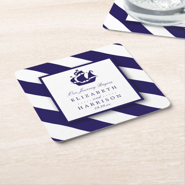 Nautical Stripes & Navy Blue Ship Wedding Square Paper Coaster (Angled)