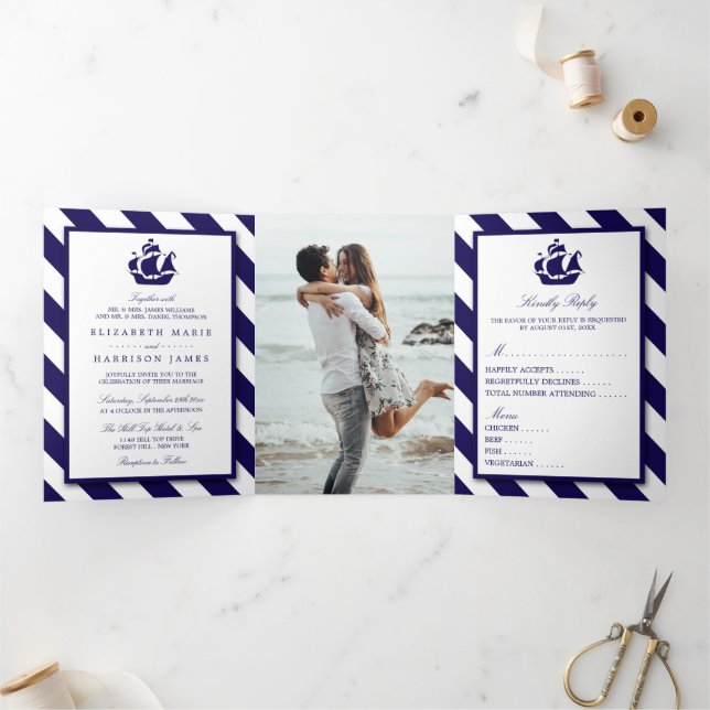 Nautical Stripes & Navy Blue Ship Wedding Suite Tri-Fold Invitation (Inside)