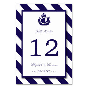 Nautical Stripes & Navy Blue Ship Wedding Table Number