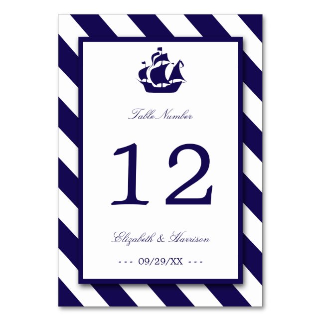 Nautical Stripes & Navy Blue Ship Wedding Table Number (Front)