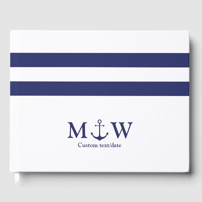 Nautical Stripes navy blue white anchor wedding Guest Book (Front)